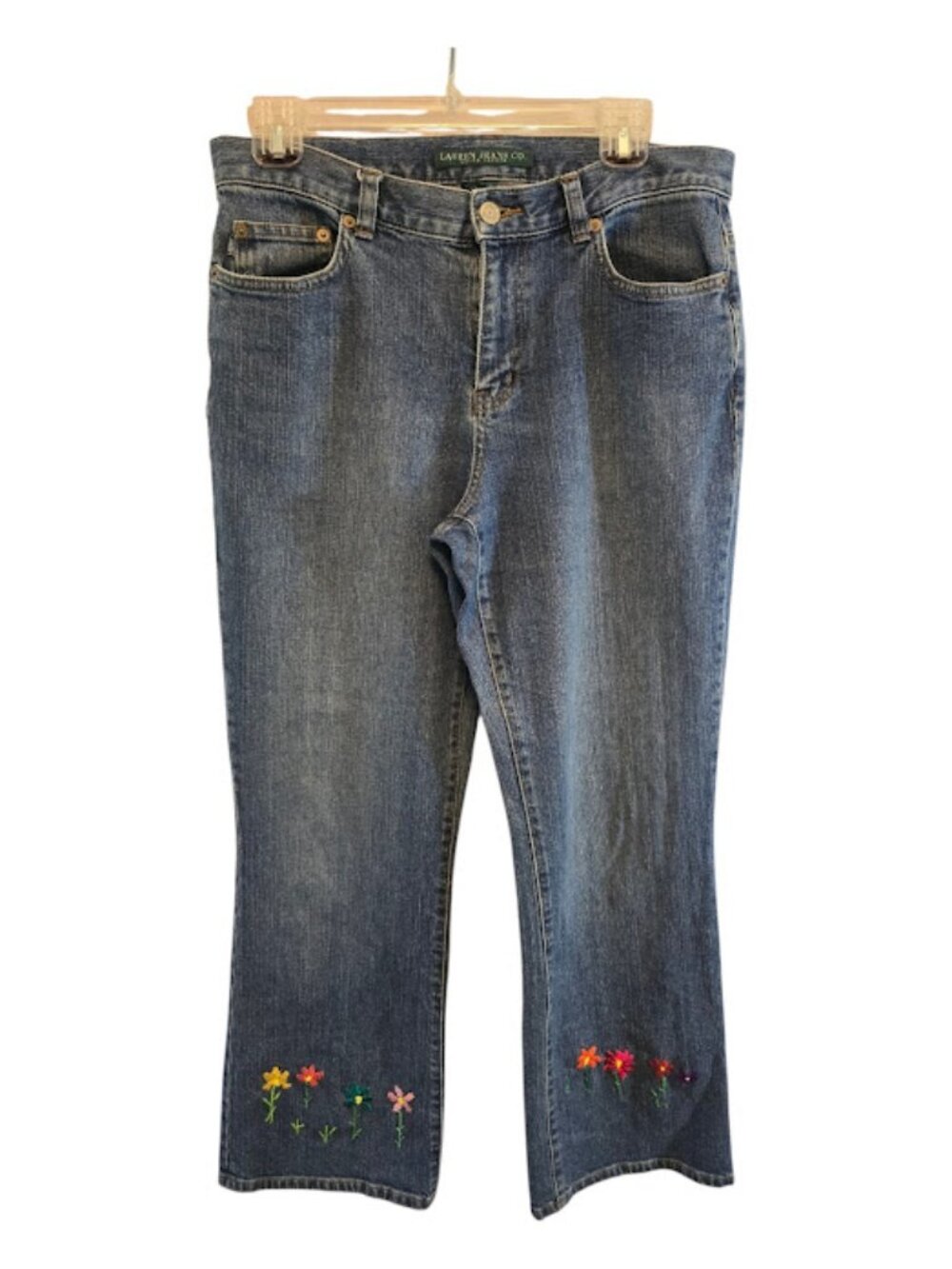 COTTON DENIM JEANS LIGHT WASH RALPH LAUREN FLORAL EMBROIDERED BOOT CUT SIZE 8